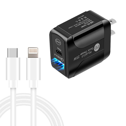 PD25W USB-C / Type-C + QC3.0 USB Dual Ports Fast Charger with USB-C to 8 Pin Data Cable, US Plug(Black) - USB Charger by PMC Jewellery | Online Shopping South Africa | PMC Jewellery