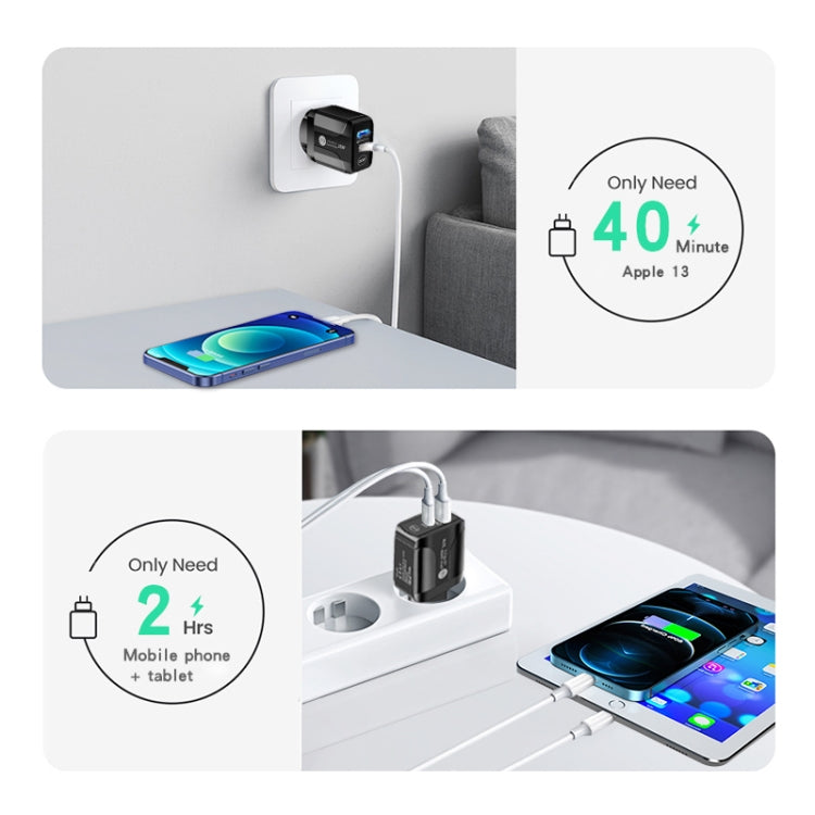 PD25W USB-C / Type-C + QC3.0 USB Dual Ports Fast Charger with USB-C to 8 Pin Data Cable, US Plug(Black) - USB Charger by PMC TechLife | Online Shopping South Africa | PMC TechLife | Buy Now Pay Later Mobicred