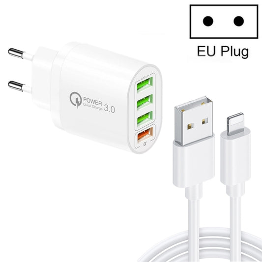 QC-04 QC3.0 + 3 x USB2.0 Multi-ports Charger with 3A USB to 8 Pin Data Cable, EU Plug(White) - USB Charger by PMC Jewellery | Online Shopping South Africa | PMC Jewellery