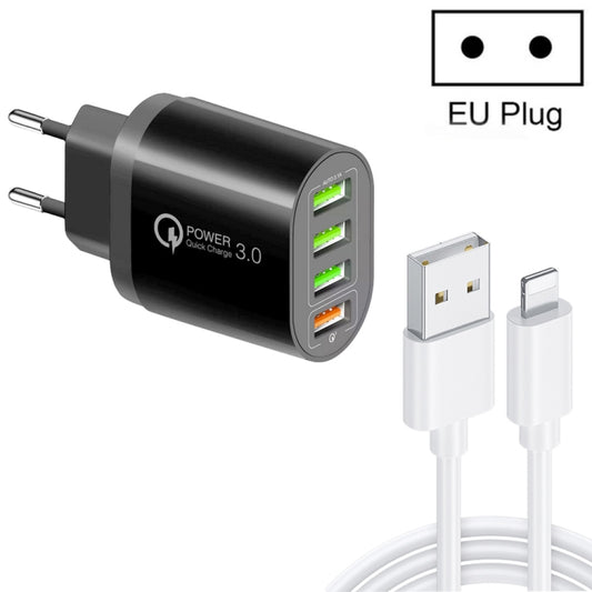 QC-04 QC3.0 + 3 x USB2.0 Multi-ports Charger with 3A USB to 8 Pin Data Cable, EU Plug(Black) - USB Charger by PMC Jewellery | Online Shopping South Africa | PMC Jewellery | Buy Now Pay Later Mobicred