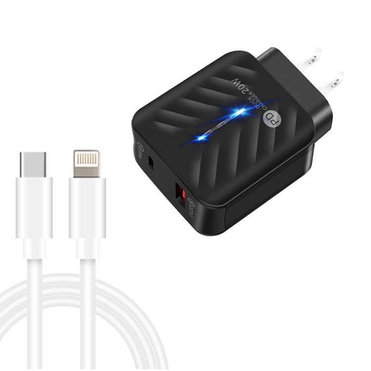PD03 20W PD3.0 + QC3.0 USB Charger with Type-C to 8 Pin Data Cable, US Plug(Black) - USB Charger by PMC TechLife | Online Shopping South Africa | PMC TechLife | Buy Now Pay Later Mobicred