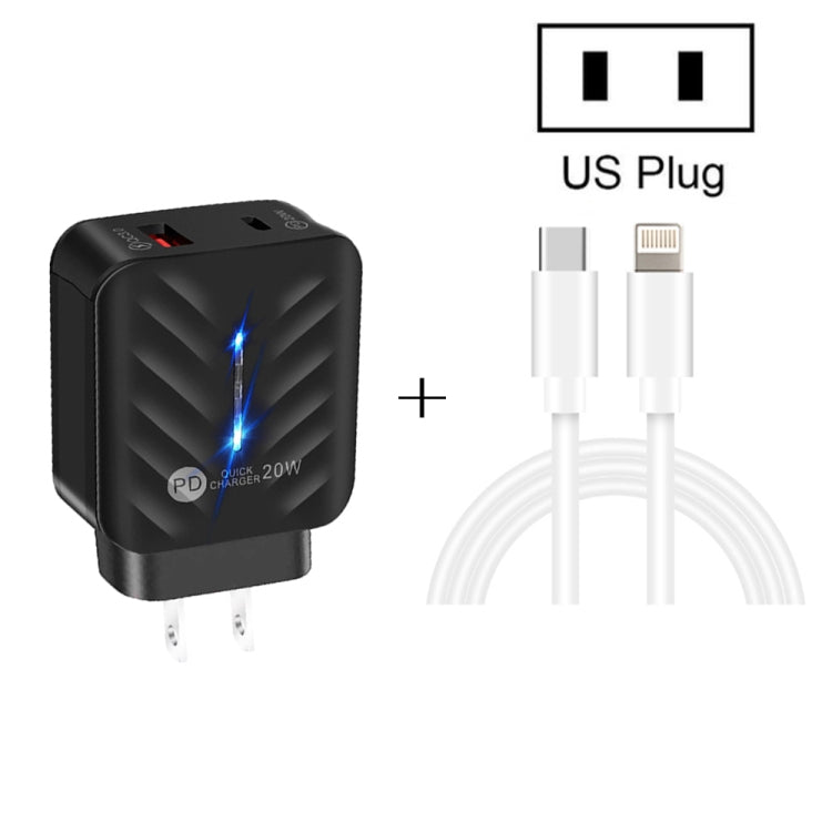 PD03 20W PD3.0 + QC3.0 USB Charger with Type-C to 8 Pin Data Cable, US Plug(Black) - USB Charger by PMC TechLife | Online Shopping South Africa | PMC TechLife | Buy Now Pay Later Mobicred