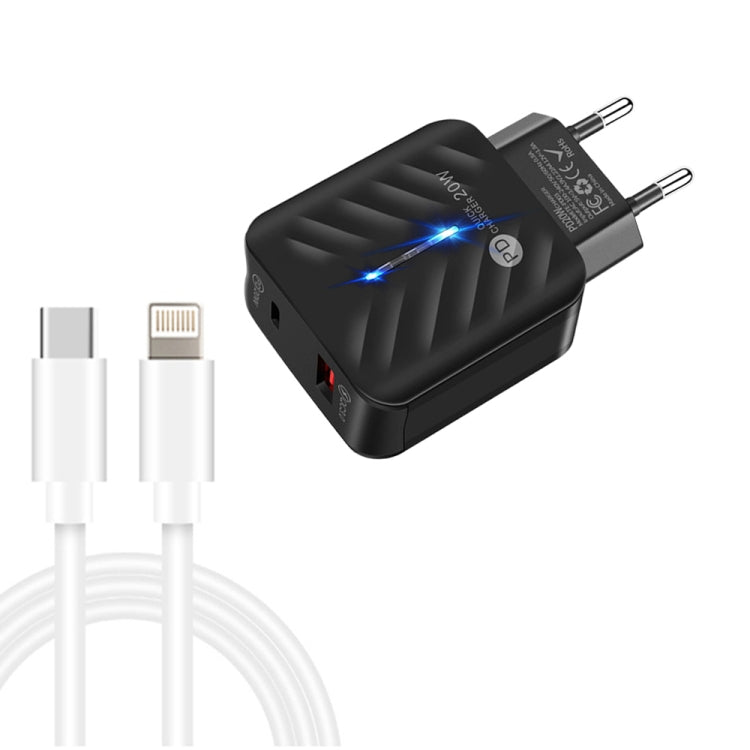 PD03 20W PD3.0 + QC3.0 USB Charger with Type-C to 8 Pin Data Cable, EU Plug(Black) - USB Charger by PMC Jewellery | Online Shopping South Africa | PMC Jewellery