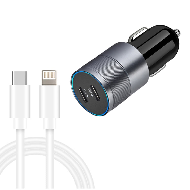 Dual PD 3.0 40W USB-C / Type-C Car Charger with 1m USB-C / Type-C to 8 Pin Data Cable(Grey) - Car Charger by PMC TechLife | Online Shopping South Africa | PMC TechLife