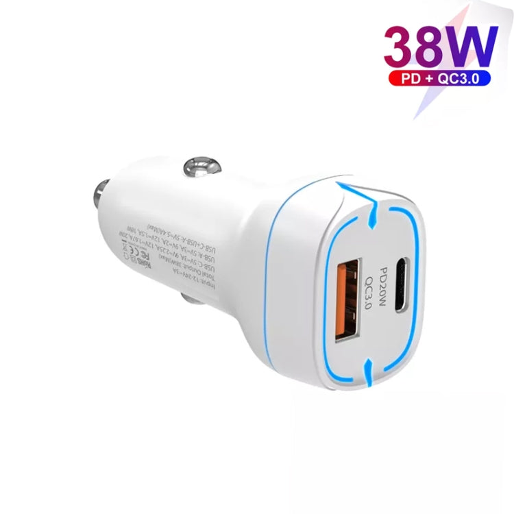 38W PD20W + QC3.0 USB Car Charger with USB to Type-C Data Cable, Length: 1m(White) - Car Charger by PMC Jewellery | Online Shopping South Africa | PMC Jewellery