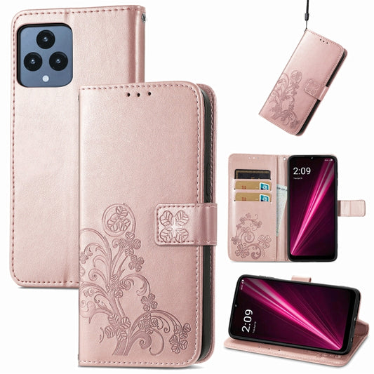 For T-Mobile REVVL 6 5G Four-leaf Clasp Embossed Buckle Leather Phone Case(Rose Gold) - More Brand by PMC Jewellery | Online Shopping South Africa | PMC Jewellery