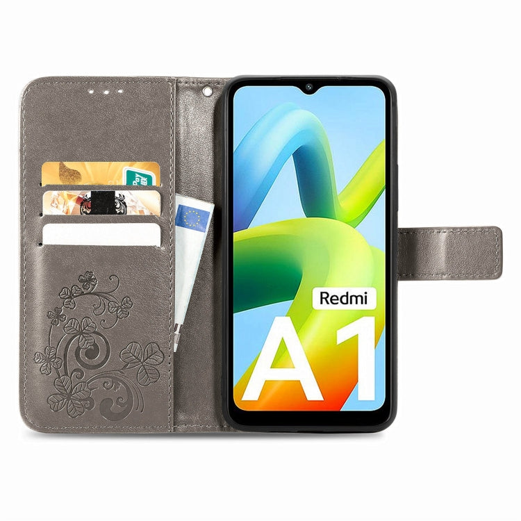 For Xiaomi Redmi A1 Four-leaf Clasp Embossed Buckle Leather Phone Case(Gray) - free shipping - PMC TechLife - Order now!