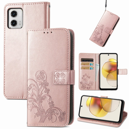 For Motorola Moto G73 Four-leaf Clasp Embossed Buckle Leather Phone Case(Rose Gold) - Motorola Cases by PMC Jewellery | Online Shopping South Africa | PMC Jewellery