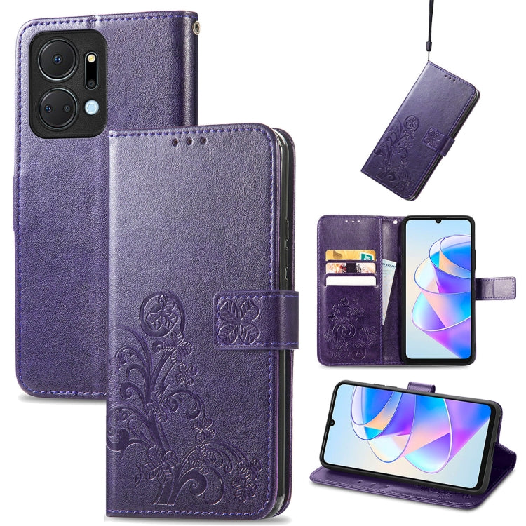 For Honor X7a Four-leaf Clasp Embossed Buckle Leather Phone Case(Purple) - Honor Cases by PMC Jewellery | Online Shopping South Africa | PMC Jewellery