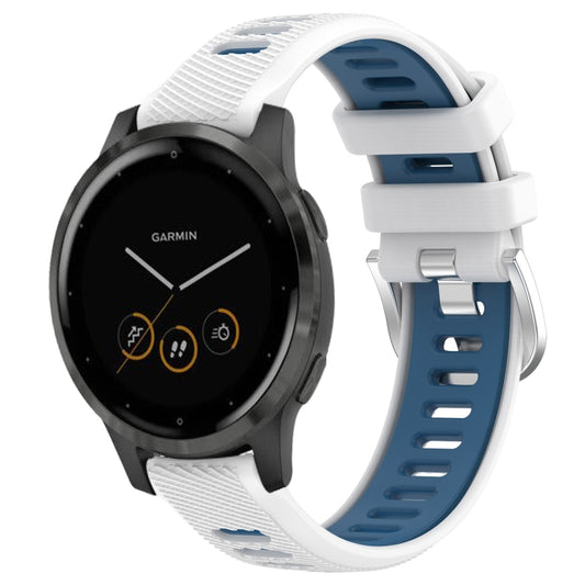 For Garmin Vivoactive 4S 18mm Sports Two-Color Steel Buckle Silicone Watch Band(White+Blue) - Smart Wear by PMC Jewellery | Online Shopping South Africa | PMC Jewellery