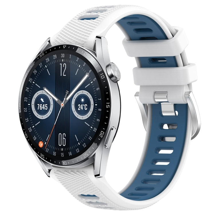 For Huawei Watch GT3 46mm 22mm Sports Two-Color Steel Buckle Silicone Watch Band(White+Blue) - Smart Wear by PMC Jewellery | Online Shopping South Africa | PMC Jewellery