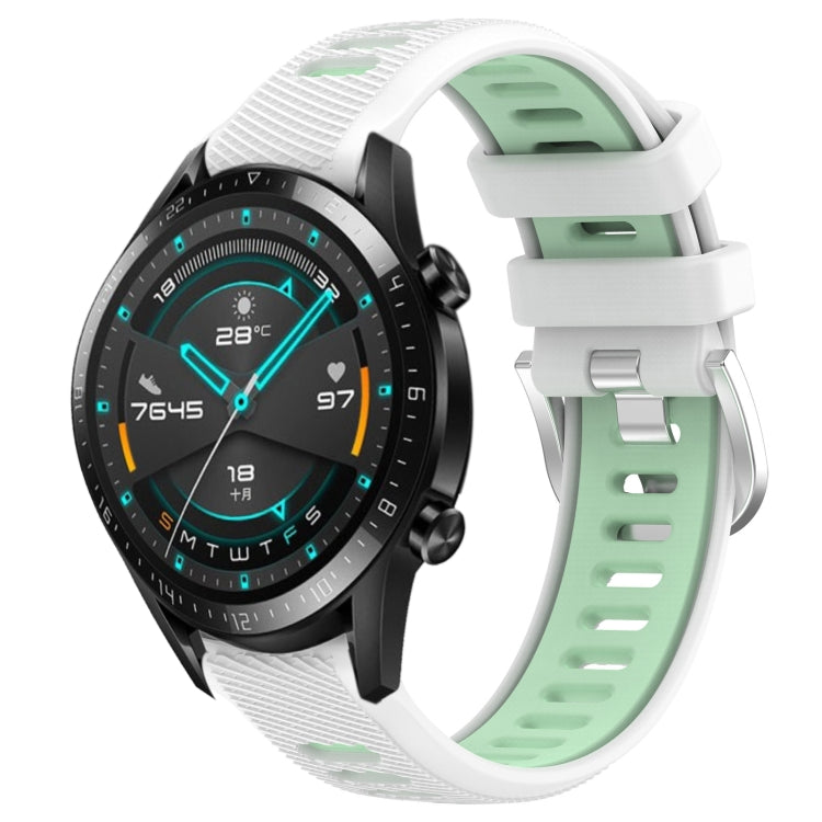 For Huawei GT2 46mm 22mm Sports Two-Color Steel Buckle Silicone Watch Band(White+Teal) - Smart Wear by PMC Jewellery | Online Shopping South Africa | PMC Jewellery
