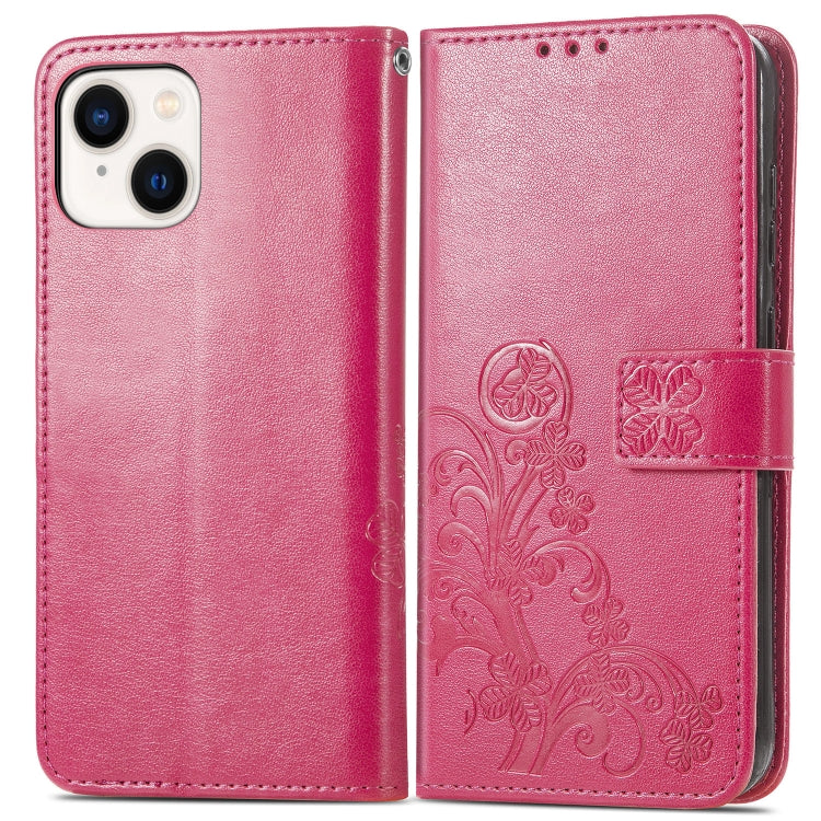 For iPhone 15 Four-leaf Clasp Embossed Buckle Leather Phone Case(Magengta) - iPhone 15 Cases by PMC TechLife | Online Shopping South Africa | PMC TechLife