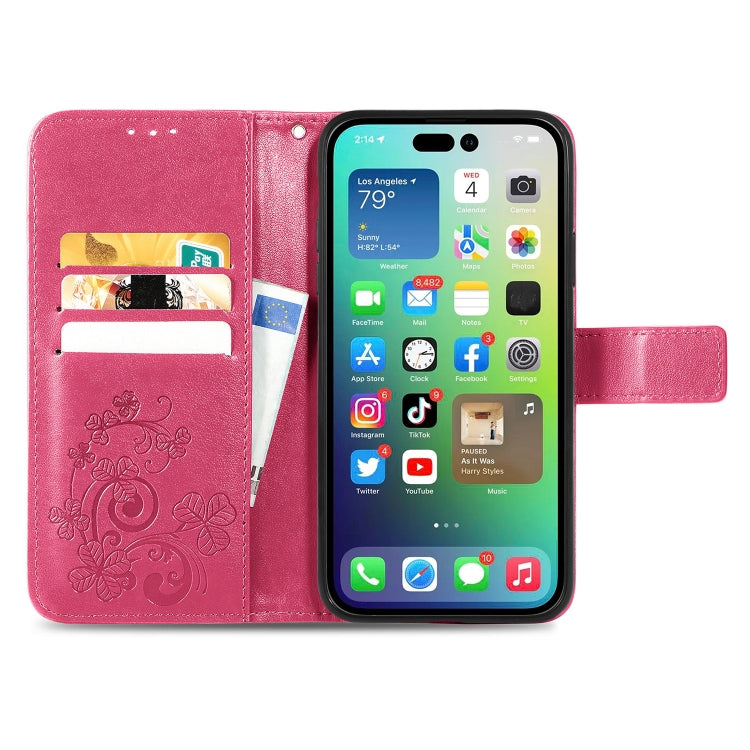 For iPhone 15 Four-leaf Clasp Embossed Buckle Leather Phone Case(Magengta) - iPhone 15 Cases by PMC TechLife | Online Shopping South Africa | PMC TechLife