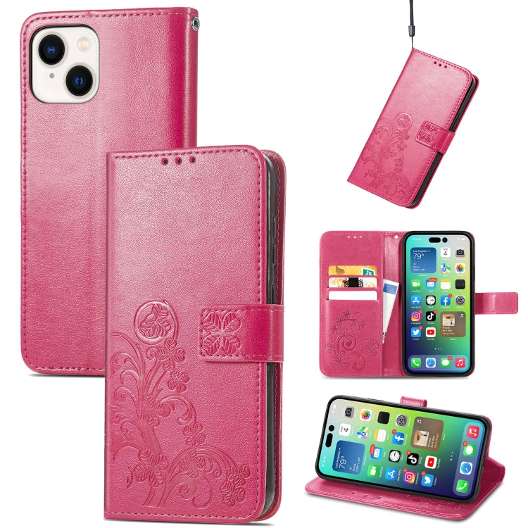 For iPhone 15 Plus Four-leaf Clasp Embossed Buckle Leather Phone Case(Magengta) - iPhone 15 Plus Cases by PMC Jewellery | Online Shopping South Africa | PMC Jewellery