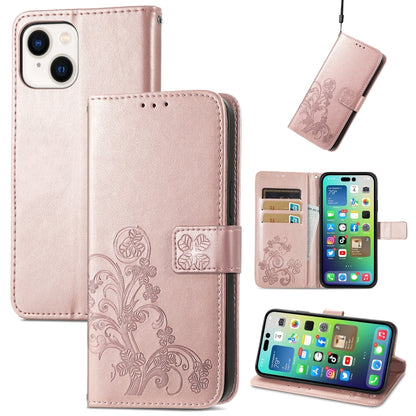 For iPhone 15 Plus Four-leaf Clasp Embossed Buckle Leather Phone Case(Rose Gold) - iPhone 15 Plus Cases by PMC Jewellery | Online Shopping South Africa | PMC Jewellery