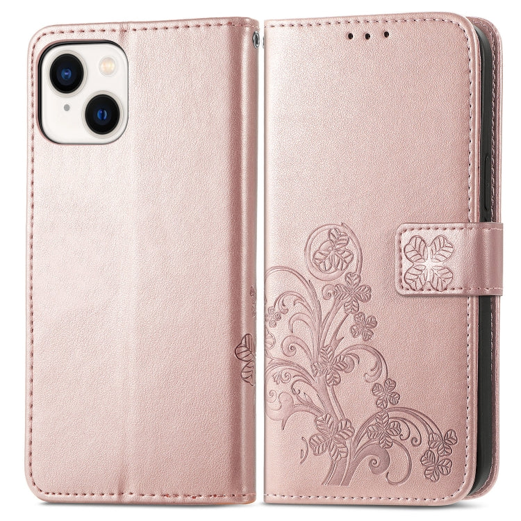 For iPhone 15 Plus Four-leaf Clasp Embossed Buckle Leather Phone Case(Rose Gold) - iPhone 15 Plus Cases by PMC TechLife | Online Shopping South Africa | PMC TechLife