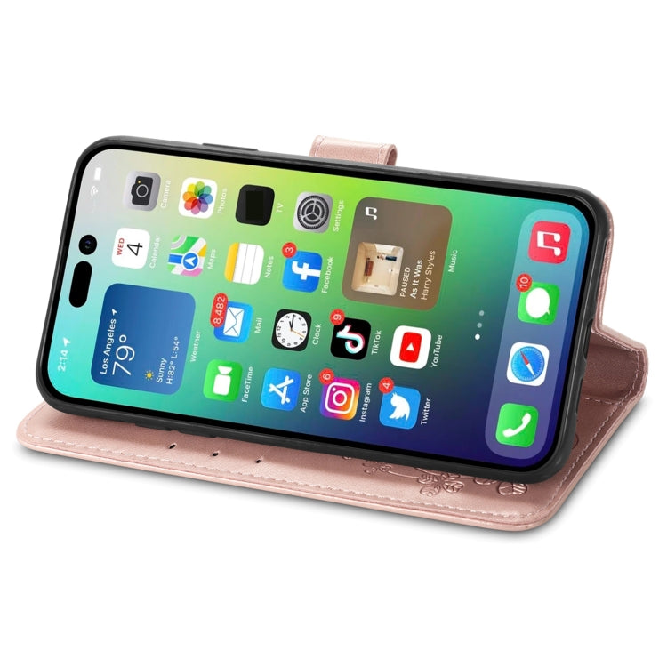 For iPhone 15 Plus Four-leaf Clasp Embossed Buckle Leather Phone Case(Rose Gold) - iPhone 15 Plus Cases by PMC TechLife | Online Shopping South Africa | PMC TechLife