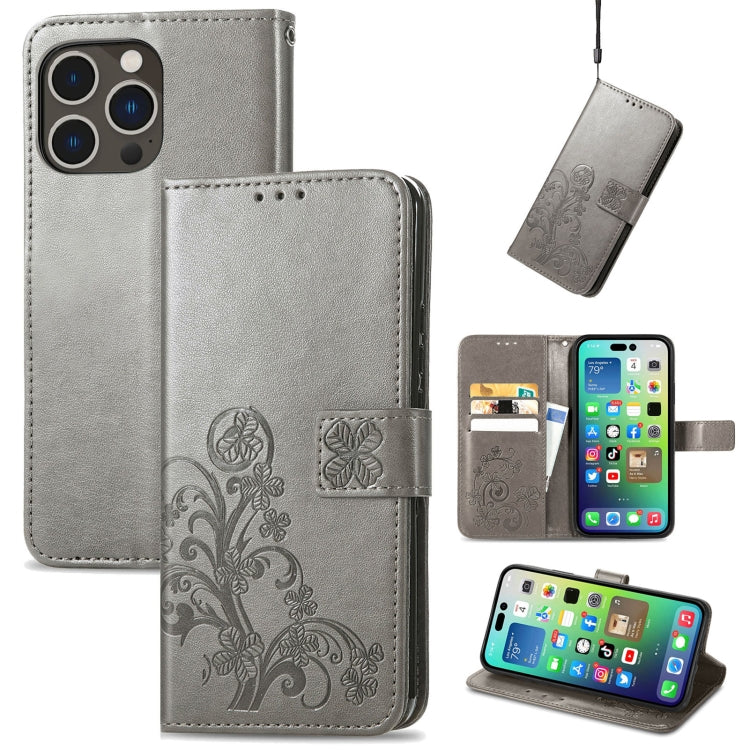 For iPhone 15 Pro Max Four-leaf Clasp Embossed Buckle Leather Phone Case(Gray) - iPhone 15 Pro Max Cases by PMC Jewellery | Online Shopping South Africa | PMC Jewellery