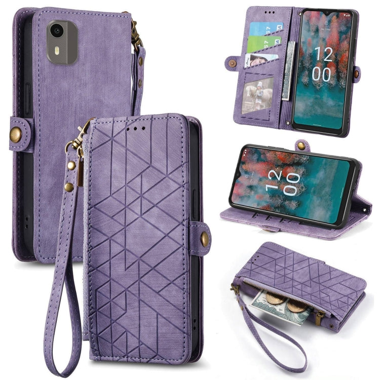 For Nokia C12 Geometric Zipper Wallet Side Buckle Leather Phone Case(Purple) - Nokia Cases by PMC Jewellery | Online Shopping South Africa | PMC Jewellery