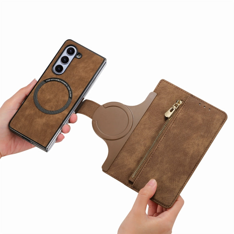 For Samsung Galaxy Z Fold5 5G Retro MagSafe Magnetic Zipper Wallet Leather Phone Case(Brown) - Galaxy Z Fold5 Cases by PMC Jewellery | Online Shopping South Africa | PMC Jewellery