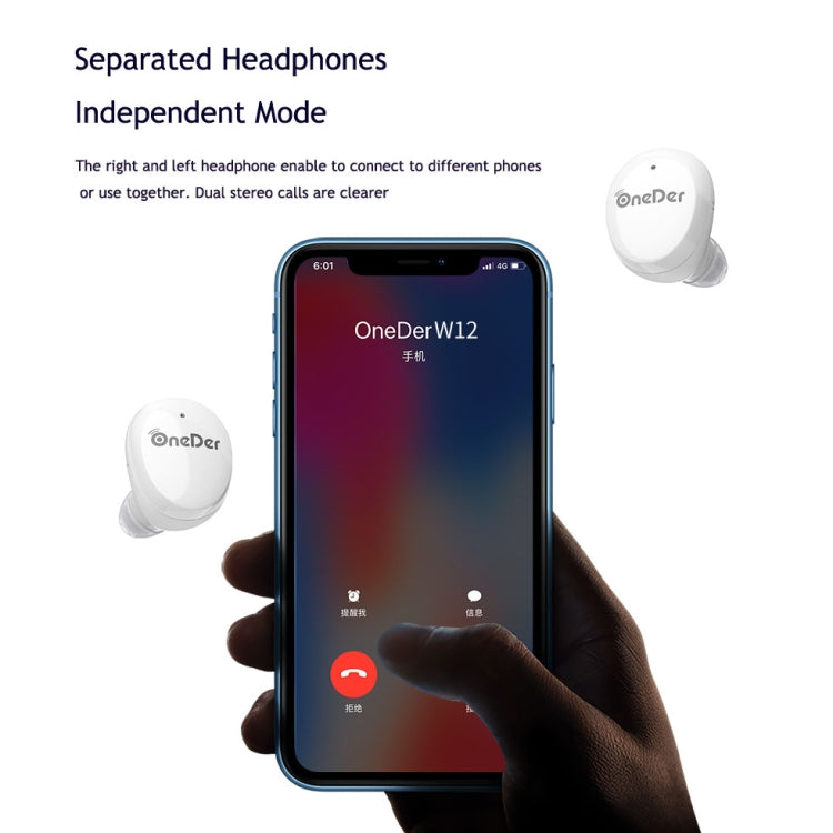 OneDer W12 Wireless Earphone with Waterproof IPX5 HD Stereo Sound TWS Bluetooth Earphone(White) - TWS Earphone by OneDer | Online Shopping South Africa | PMC Jewellery