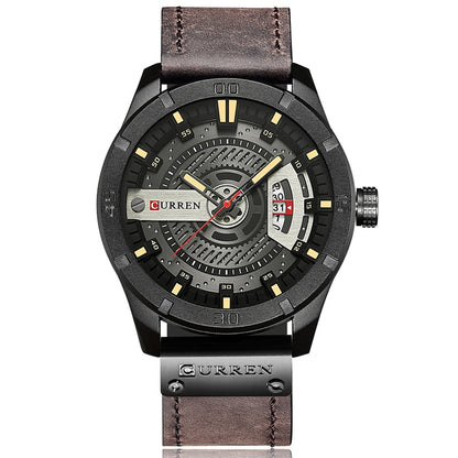 CURREN M8301 Men Military Sports Watch Quartz Date Clock Leather Wristwatch(black case black face deep brown band) - Leather Strap Watches by CURREN | Online Shopping South Africa | PMC Jewellery | Buy Now Pay Later Mobicred