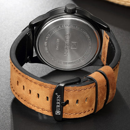 CURREN M8301 Men Military Sports Watch Quartz Date Clock Leather Wristwatch(black case black face deep brown band) - Leather Strap Watches by CURREN | Online Shopping South Africa | PMC Jewellery | Buy Now Pay Later Mobicred