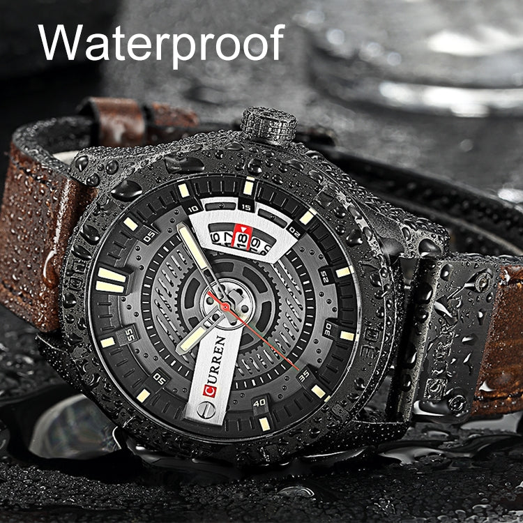 CURREN M8301 Men Military Sports Watch Quartz Date Clock Leather Wristwatch(black case black face deep brown band) - Leather Strap Watches by CURREN | Online Shopping South Africa | PMC Jewellery | Buy Now Pay Later Mobicred