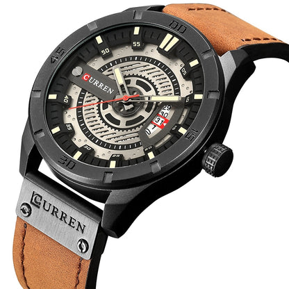 CURREN M8301 Men Military Sports Watch Quartz Date Clock Leather Wristwatch(black case grey face light brown band) - Leather Strap Watches by CURREN | Online Shopping South Africa | PMC Jewellery | Buy Now Pay Later Mobicred