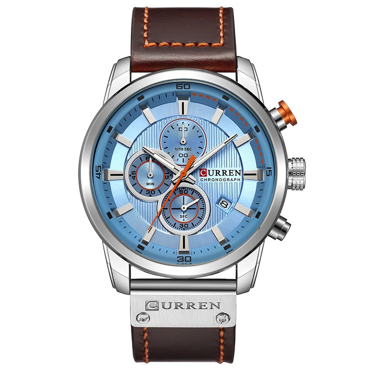 CURREN M8291 Chronograph Watches Casual Leather Watch for Men(White case blue face) - Leather Strap Watches by CURREN | Online Shopping South Africa | PMC Jewellery | Buy Now Pay Later Mobicred