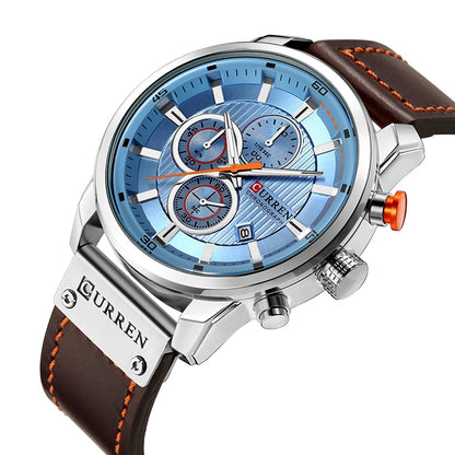 CURREN M8291 Chronograph Watches Casual Leather Watch for Men(White case blue face) - Leather Strap Watches by CURREN | Online Shopping South Africa | PMC Jewellery | Buy Now Pay Later Mobicred