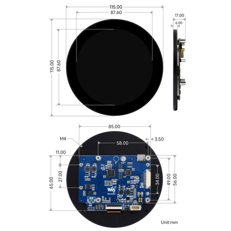Waveshare 3.4 inch DSI Round Touch Display, 800 × 800, IPS, 10-Point Touch - free shipping - PMC TechLife - Order now!