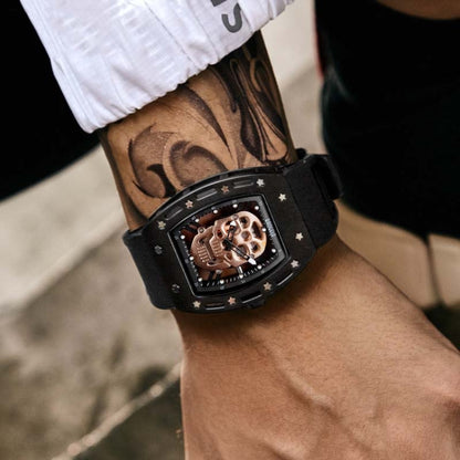 BAOGELA 1612 Skull Silicone Mens Watch Waterproof Sports Quartz Watch( Black Shell Rose Gold Skull) - Silicone Strap Watches by BAOGELA | Online Shopping South Africa | PMC Jewellery | Buy Now Pay Later Mobicred