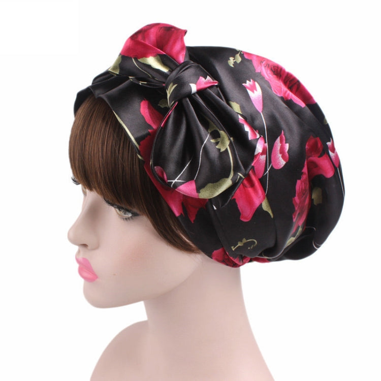 TJM-226 Ladies Satin Print Ribbon Bow Turban Hat Night Cap Silk Chemotherapy Hat Long Tail Braid Hat(Red Wine) - Hair Care Caps by PMC Jewellery | Online Shopping South Africa | PMC Jewellery