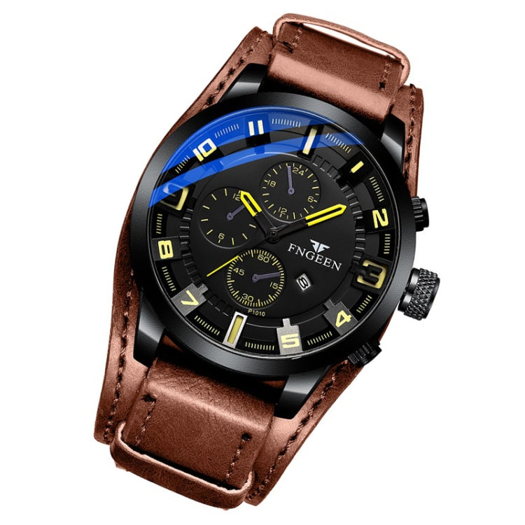 FNGEEN P1010 Men Fashion Large Dial Leather Belt Watch Student Casual Quartz Watch(Light Brown Leather With Yellow Words) - Leather Strap Watches by FNGEEN | Online Shopping South Africa | PMC Jewellery | Buy Now Pay Later Mobicred