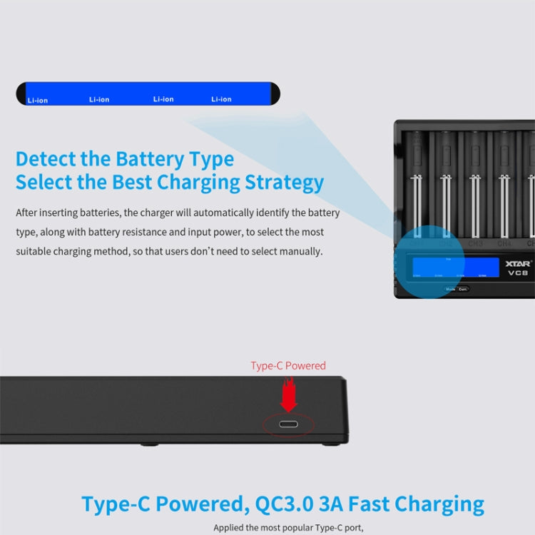 XTAR 8-Slot Battery Charger LCD Display Charger QC3.0 Type C Fast Charger for 21700 / 18650 Battery, Model: VC8 - Charger & Converter by XTAR | Online Shopping South Africa | PMC Jewellery | Buy Now Pay Later Mobicred