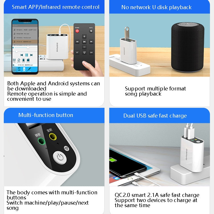 RAYEE K8 Remote Control Version 2 in 1 Bluetooth 5.0 Receiver & Transmitter Audio Adapter Support Fast Charge U Disk, US Plug - Audio Receiver Transmitter by PMC TechLife | Online Shopping South Africa | PMC TechLife