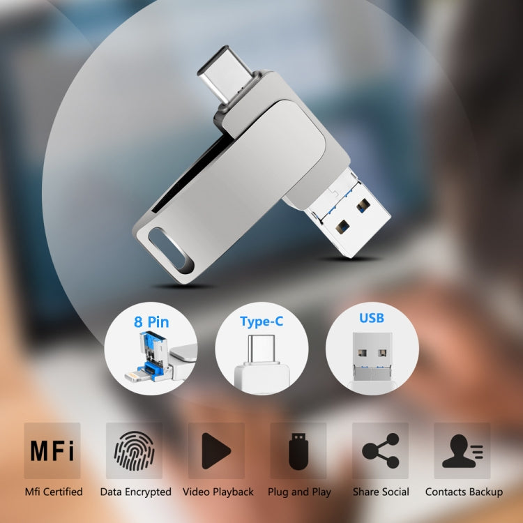 64GB USB 3.0 + 8 Pin + USB-C / Type-C 3 in 1 Phone Computer Metal Rotatable U-Disk(Black) - U Disk & Card Reader by PMC TechLife | Online Shopping South Africa | PMC TechLife