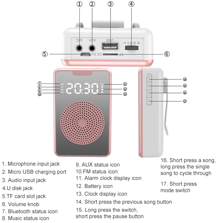 ZXL-H3 Portable Teaching Microphone Amplifier with Time Display, Spec: Wired Version (Rose Gold) - Loudspeaker by PMC TechLife | Online Shopping South Africa | PMC TechLife | Buy Now Pay Later Mobicred