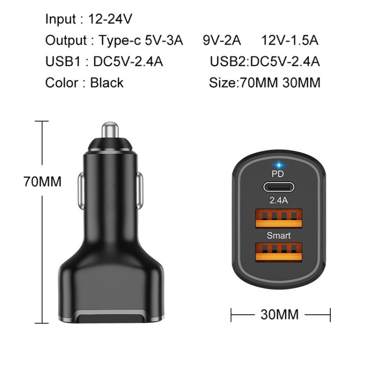 2PCS PD+2.4A Dual USB Car Charger, Style: 3 Ports (Black) - Car Charger by PMC Jewellery | Online Shopping South Africa | PMC Jewellery