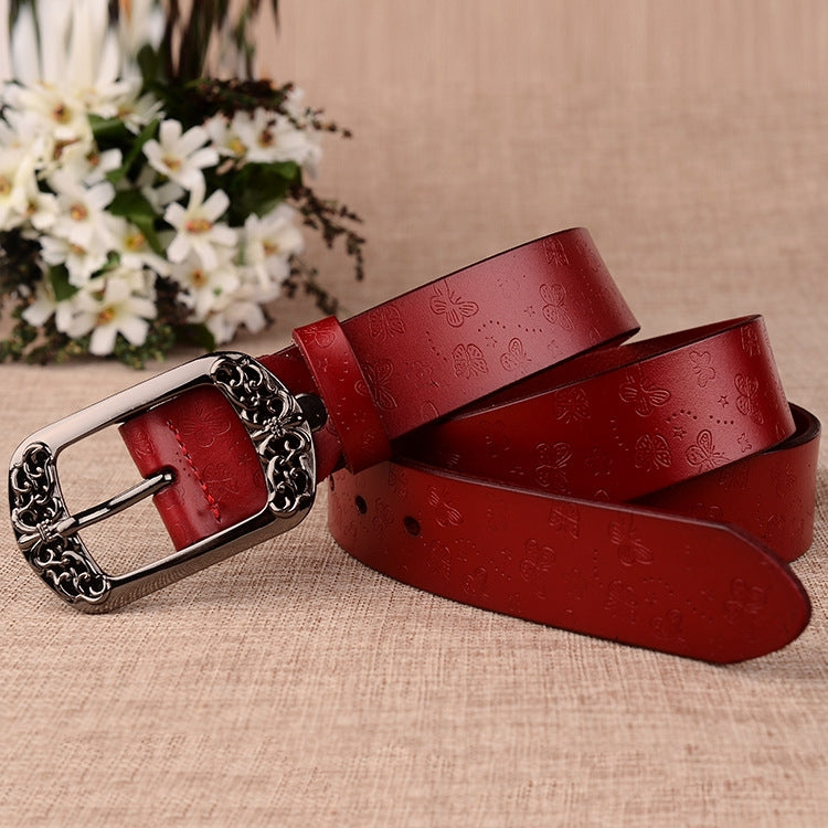 ZK--067 Retro Engraved Buckle Butterfly Print Pin Buckle Leather Belt, Length: 110cm(Black) - Belts by PMC Jewellery | Online Shopping South Africa | PMC Jewellery