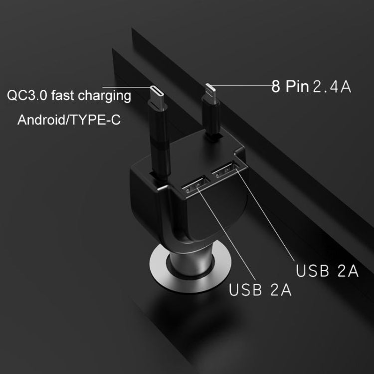 3 In 1 3.1A Dual USB Single Pull Retractable Fast QC3.0 Car Charger(Blue) - Car Charger by PMC Jewellery | Online Shopping South Africa | PMC Jewellery