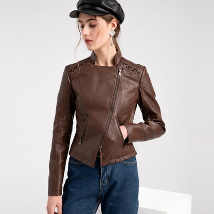 Women Short Leather Jacket Slim Jacket Motorcycle Suit, Size: XL(Pale Lisianthus) - Jacket & Loose Coat by PMC Jewellery | Online Shopping South Africa | PMC Jewellery