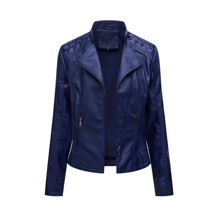 Women Short Leather Jacket Slim Jacket Motorcycle Suit, Size: M(Navy) - Jacket & Loose Coat by PMC Jewellery | Online Shopping South Africa | PMC Jewellery
