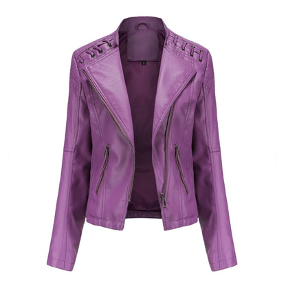 Women Short Leather Jacket Slim Jacket Motorcycle Suit, Size: XL(Violet) - Jacket & Loose Coat by PMC Jewellery | Online Shopping South Africa | PMC Jewellery