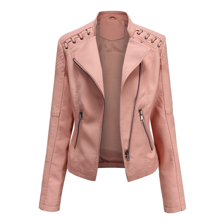 Women Short Leather Jacket Slim Jacket Motorcycle Suit, Size: XXL(Pink) - Jacket & Loose Coat by PMC Jewellery | Online Shopping South Africa | PMC Jewellery