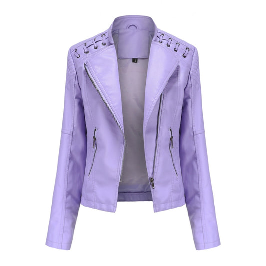 Women Short Leather Jacket Slim Jacket Motorcycle Suit, Size: XXL(Pale Lisianthus) - Jacket & Loose Coat by PMC Jewellery | Online Shopping South Africa | PMC Jewellery