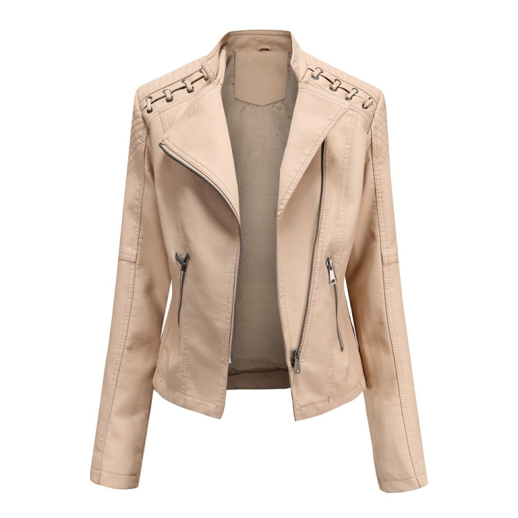 Women Short Leather Jacket Slim Jacket Motorcycle Suit, Size: XXXL(Khaki) - Jacket & Loose Coat by PMC Jewellery | Online Shopping South Africa | PMC Jewellery