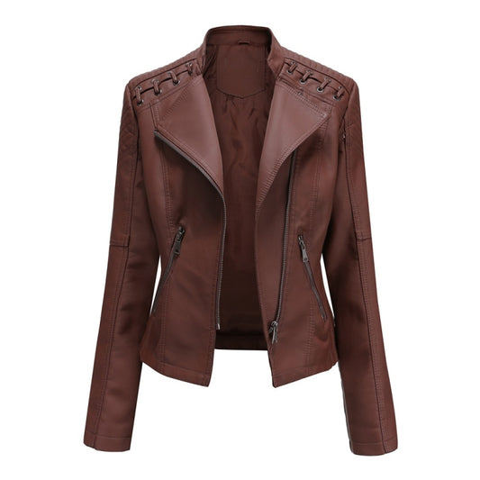 Women Short Leather Jacket Slim Jacket Motorcycle Suit, Size: XXXXL(Coffee) - Jacket & Loose Coat by PMC Jewellery | Online Shopping South Africa | PMC Jewellery